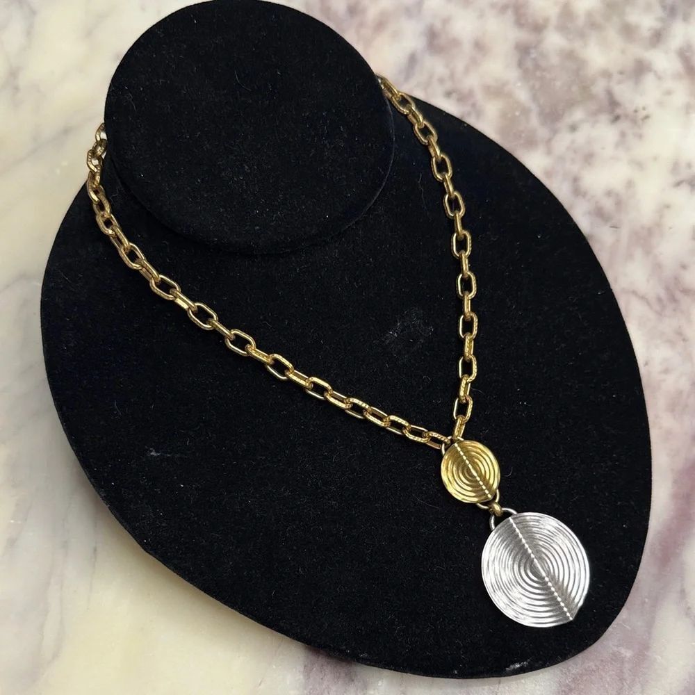 Two-Tone Gold Chain Necklace with Gold and Silver Disc Pendants